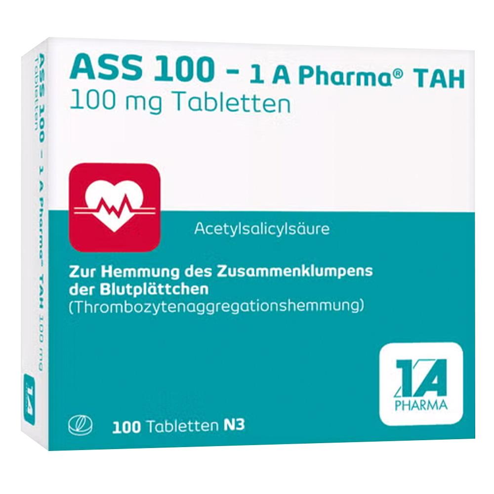 Eine Verpackung von ASS 100 Tabletten zur Hemmung von Blutpl&auml;ttchen ist abgebildet.