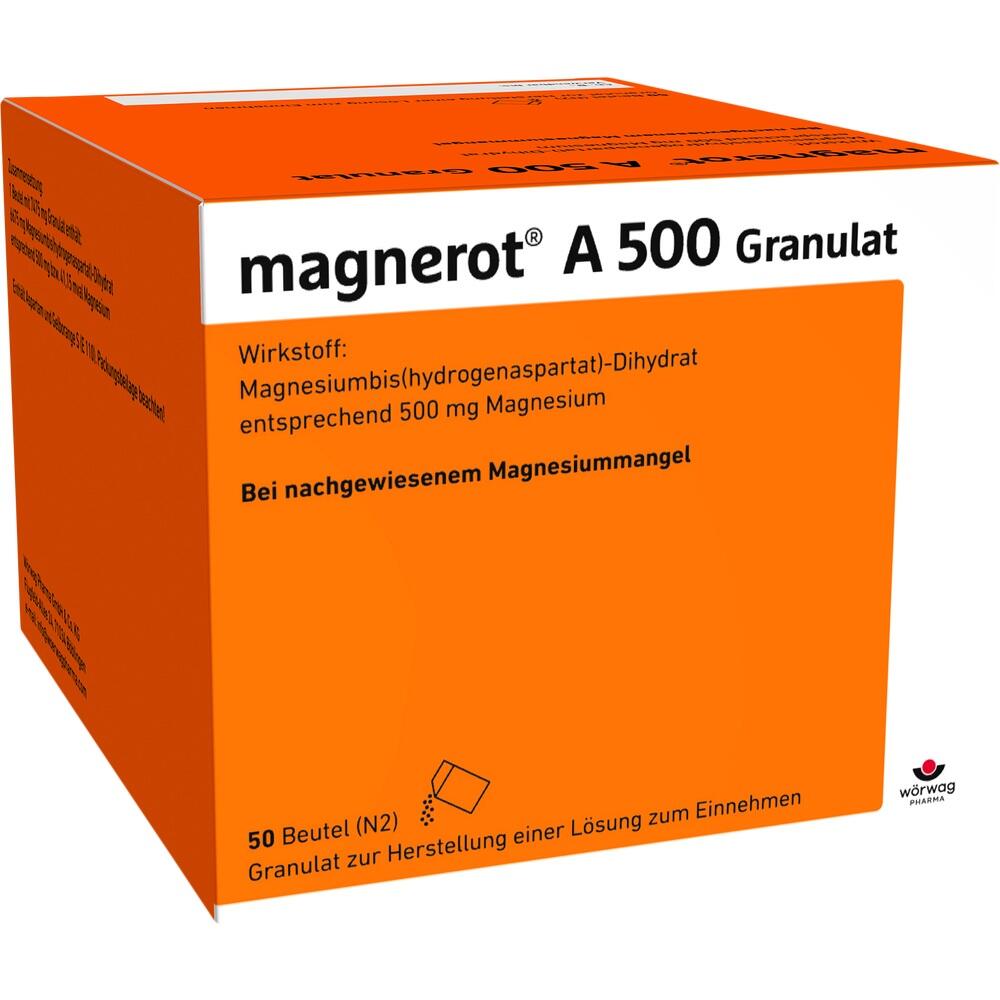 Orange Verpackung von Magnerot A 500 Granulat zur Behandlung von Magnesiummangel.