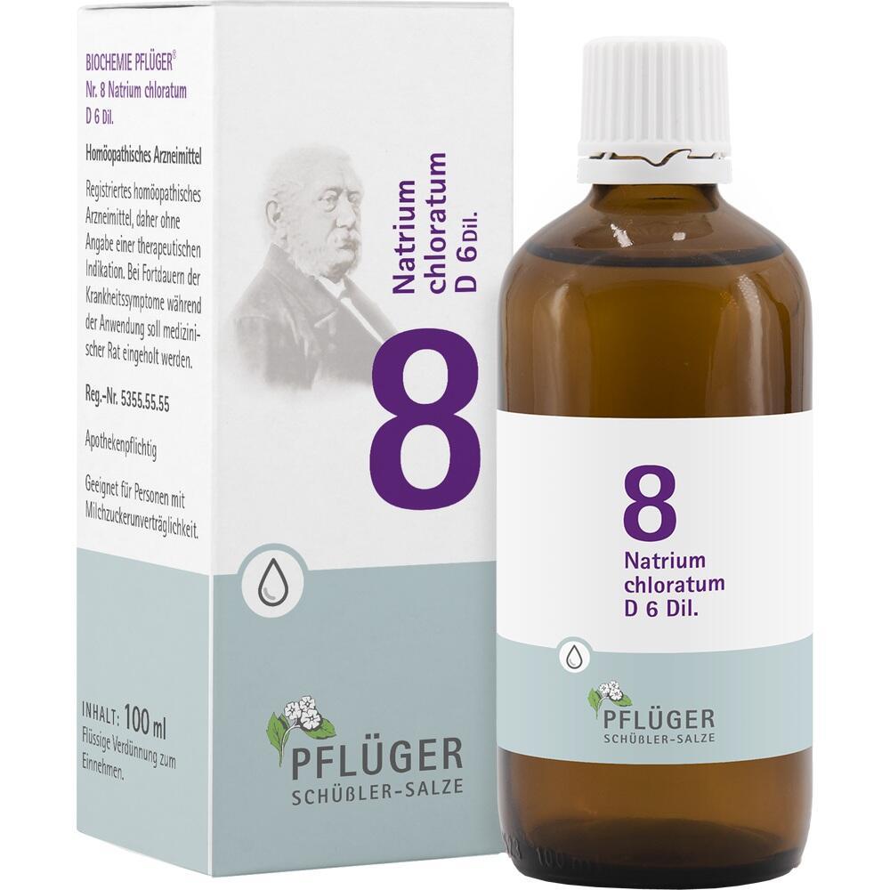 Braune Flasche und wei&szlig;e Schachtel mit der Aufschrift "8 Natrium chloratum D 6 Dil."