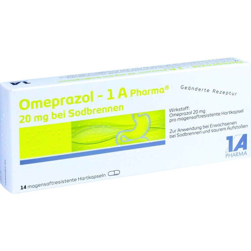Eine Packung Omeprazol gegen Sodbrennen mit 14 magensaftresistenten Kapseln.
