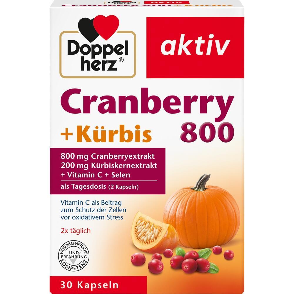 Packung von Doppelherz Cranberry + K&uuml;rbis 800 mit einem K&uuml;rbis und Cranberries.