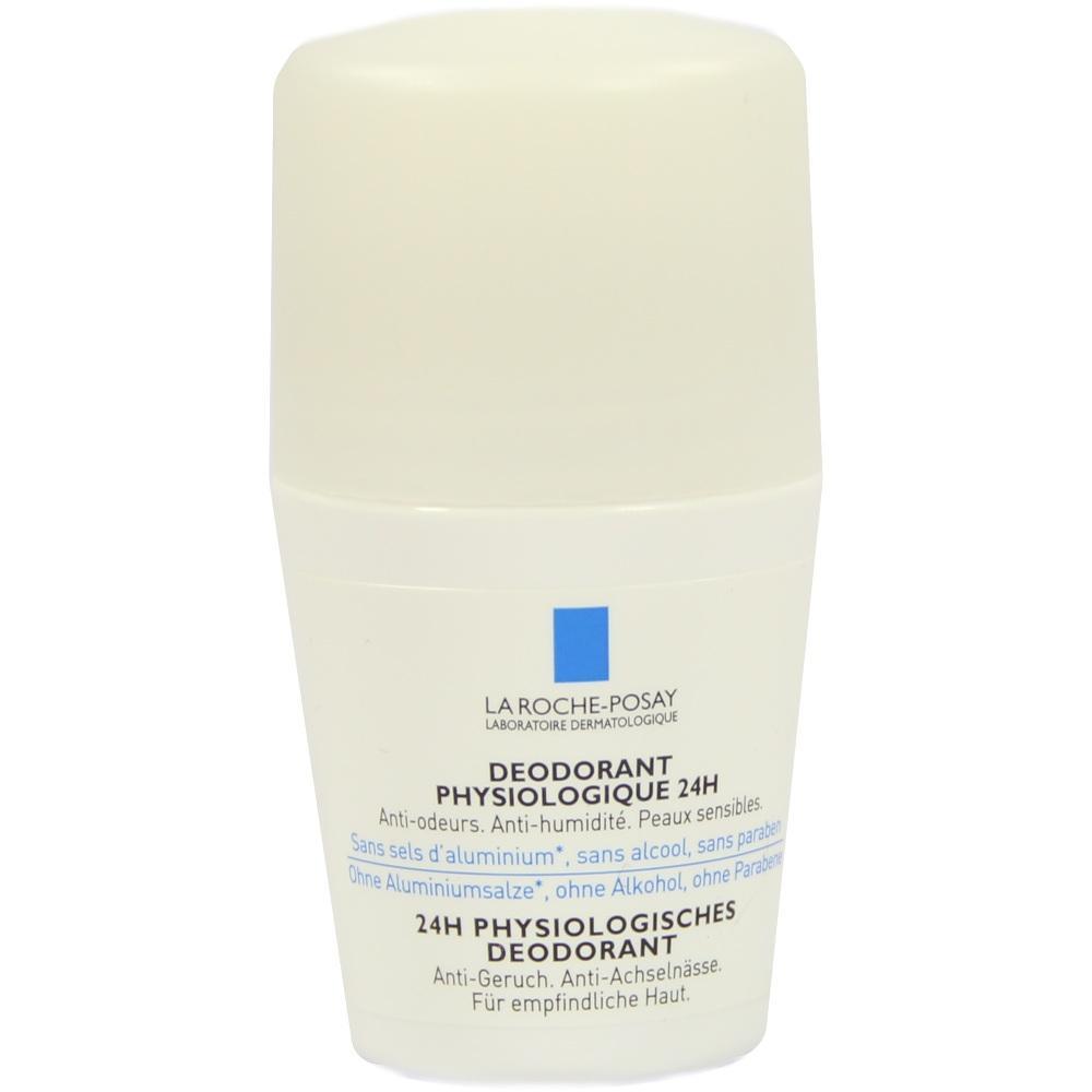 Wei&szlig;e Deodorant-Roll-on-Flasche mit blauem Logo und schwarzer Schrift.