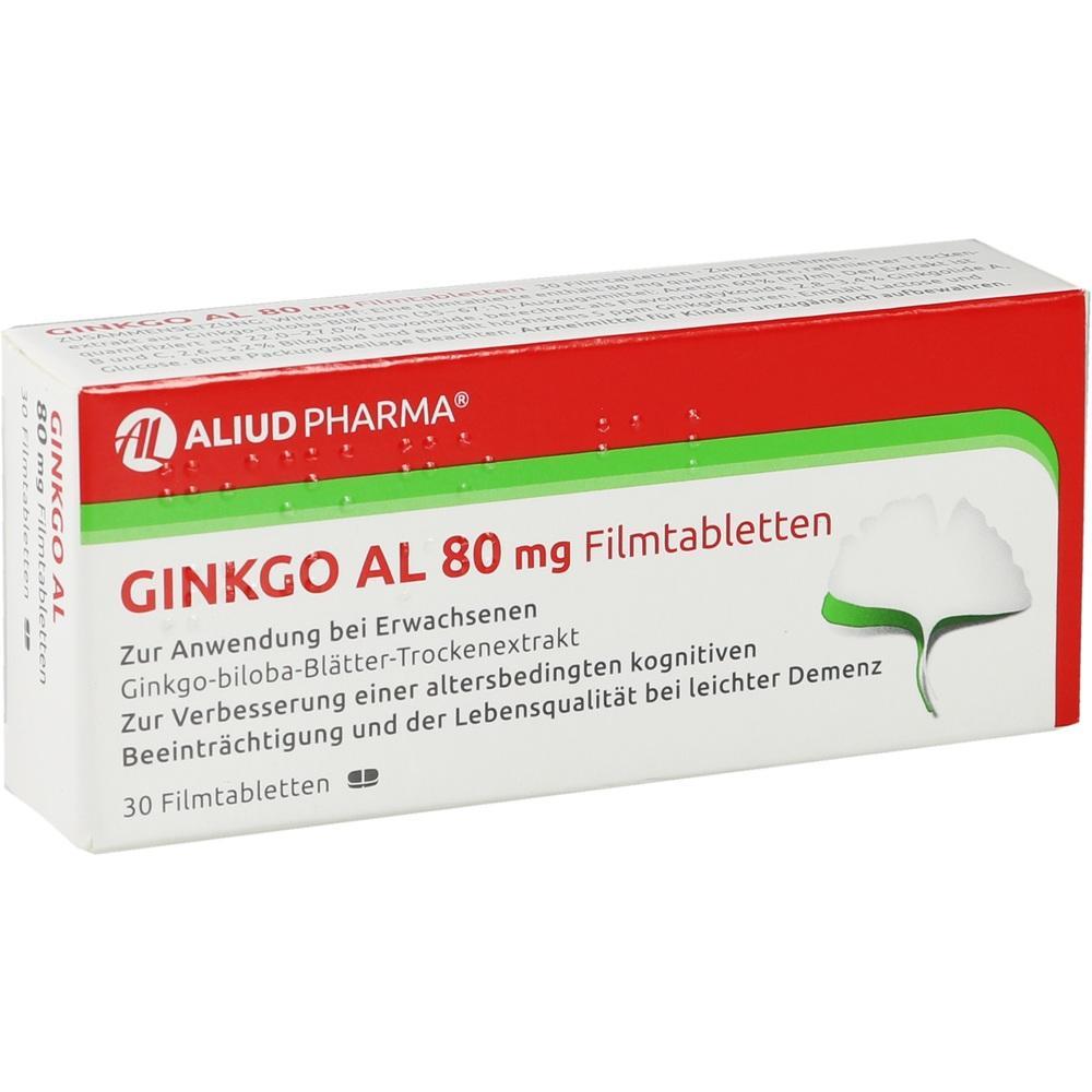 Eine Packung Ginkgo AL 80 mg Filmtabletten f&uuml;r die Verbesserung von Ged&auml;chtnisproblemen.