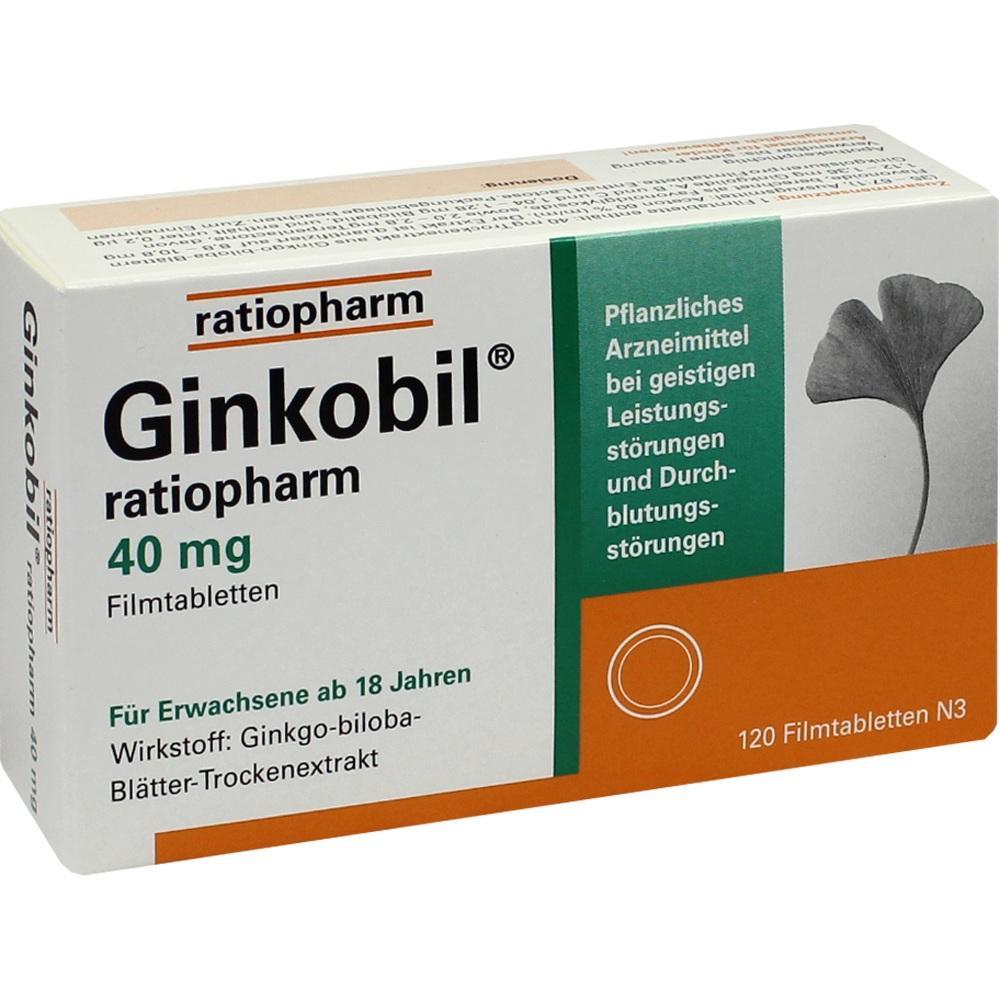 Eine Packung Ginkobil-Tabletten von Ratiopharm mit 40 mg f&uuml;r Erwachsene.