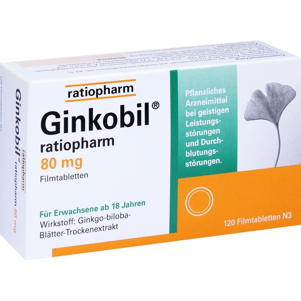 Schachtel mit Ginkobil-Tabletten zur Unterst&uuml;tzung bei geistigen und Durchblutungsst&ouml;rungen.