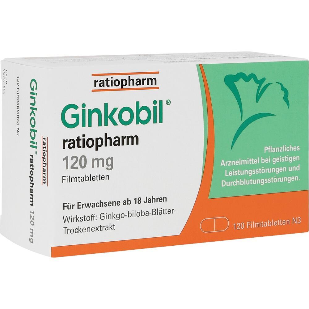 Eine Schachtel Ginkobil Tabletten von Ratiopharm zur Unterst&uuml;tzung der geistigen Leistungsf&auml;higkeit.