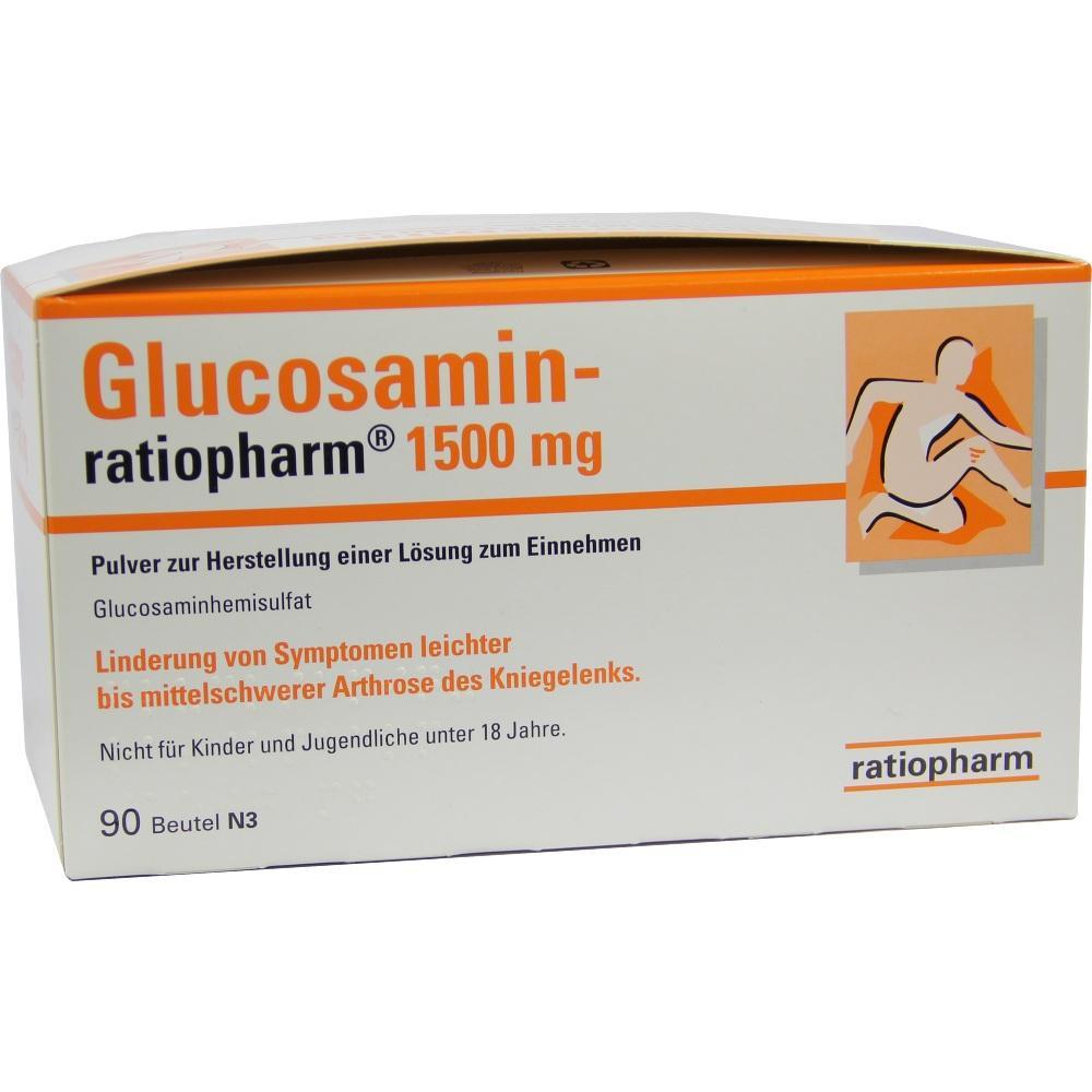 Eine Packung Glucosamin-Pulver von ratiopharm zur Linderung von Kniearthrose-Symptomen.