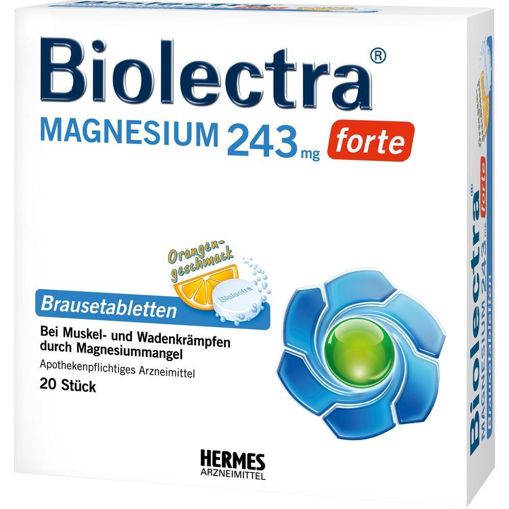 Weiße Verpackung von Biolectra Magnesium Brausetabletten in Orangengeschmack.