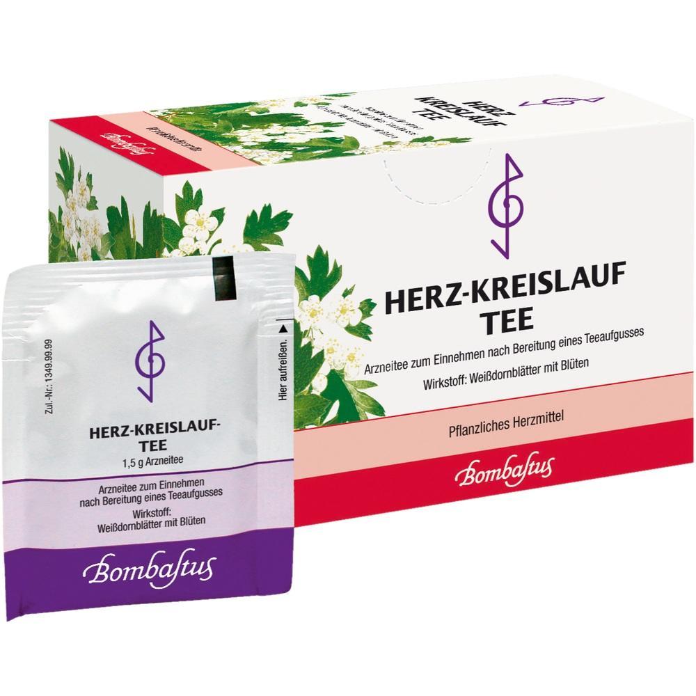 Eine Packung und ein Teebeutel Herz-Kreislauf-Tee mit Wei&szlig;dornbl&auml;ttern.