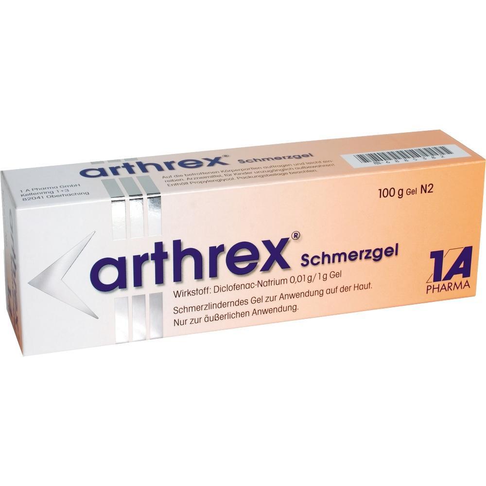 Eine Packung Arthrex Schmerzgel, ein schmerzlinderndes Gel zur &auml;u&szlig;erlichen Anwendung.