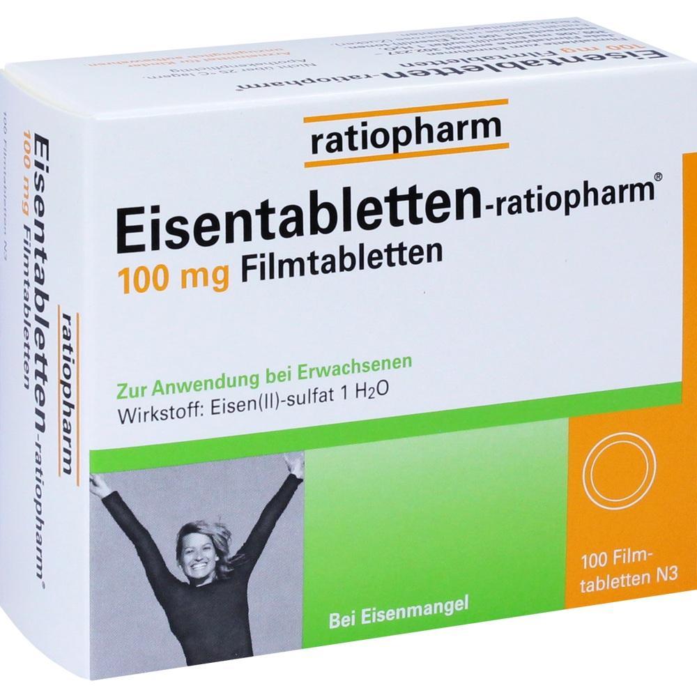 Verpackung von Eisentabletten f&uuml;r Erwachsene bei Eisenmangel von ratiopharm.