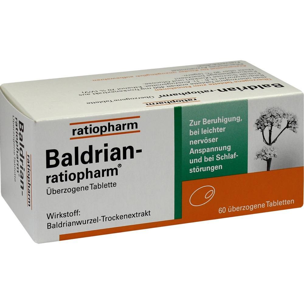 Eine Packung Baldrian-Tabletten von Ratiopharm zur Beruhigung und bei Schlafst&ouml;rungen.