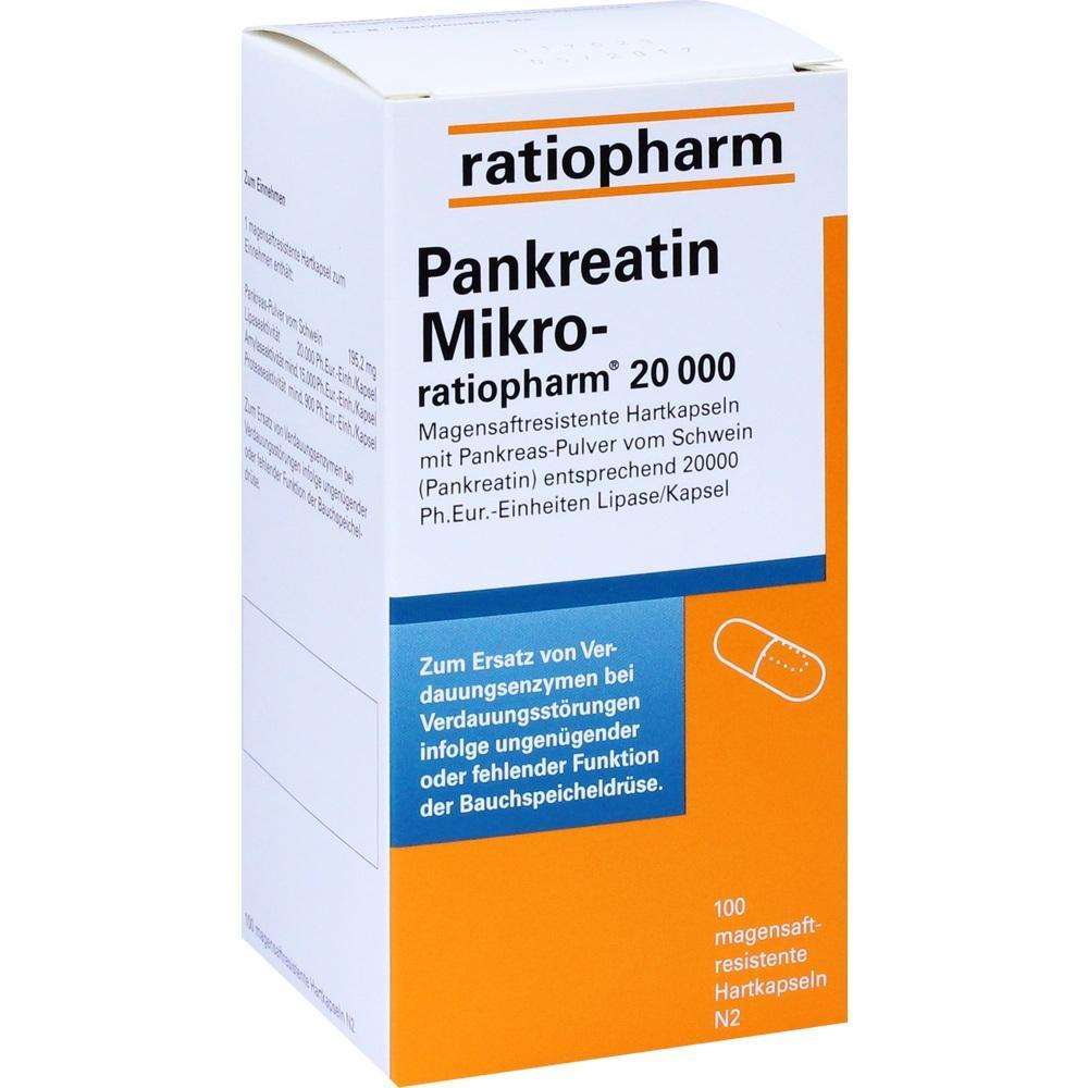 Verpackung von Pankreatin Mikro-ratiopharm 20.000 mit 100 Hartkapseln f&uuml;r die Verdauung.