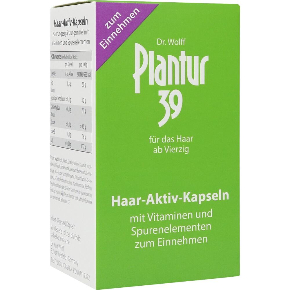 Gr&uuml;ne Packung von Plantur 39 f&uuml;r Haar-Aktiv-Kapseln mit Vitaminen und Spurenelementen.