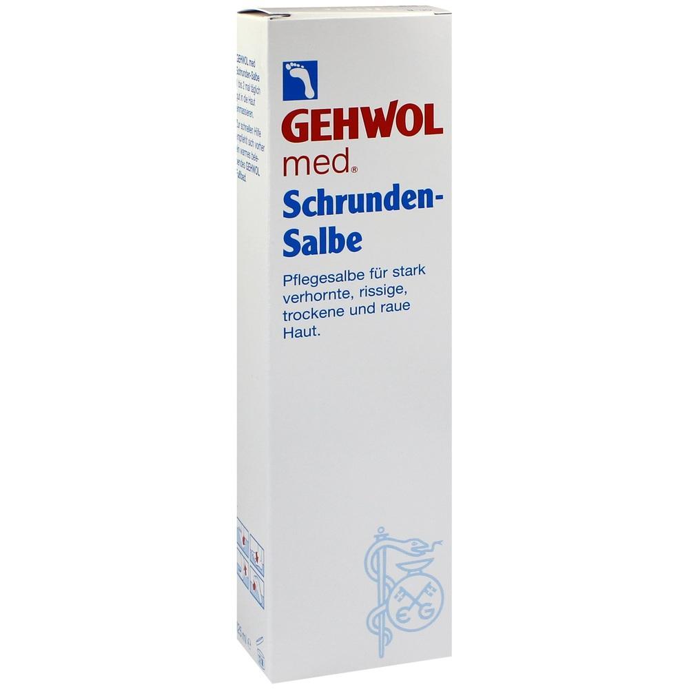 Wei&szlig;e Schachtel mit der Aufschrift "GEHWOL med Schrunden-Salbe" f&uuml;r trockene Haut.