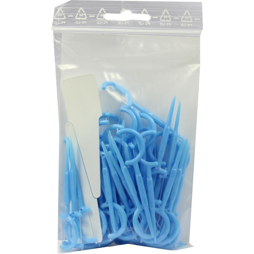 Eine durchsichtige T&uuml;te voller blauer Zahnseidenhalter.