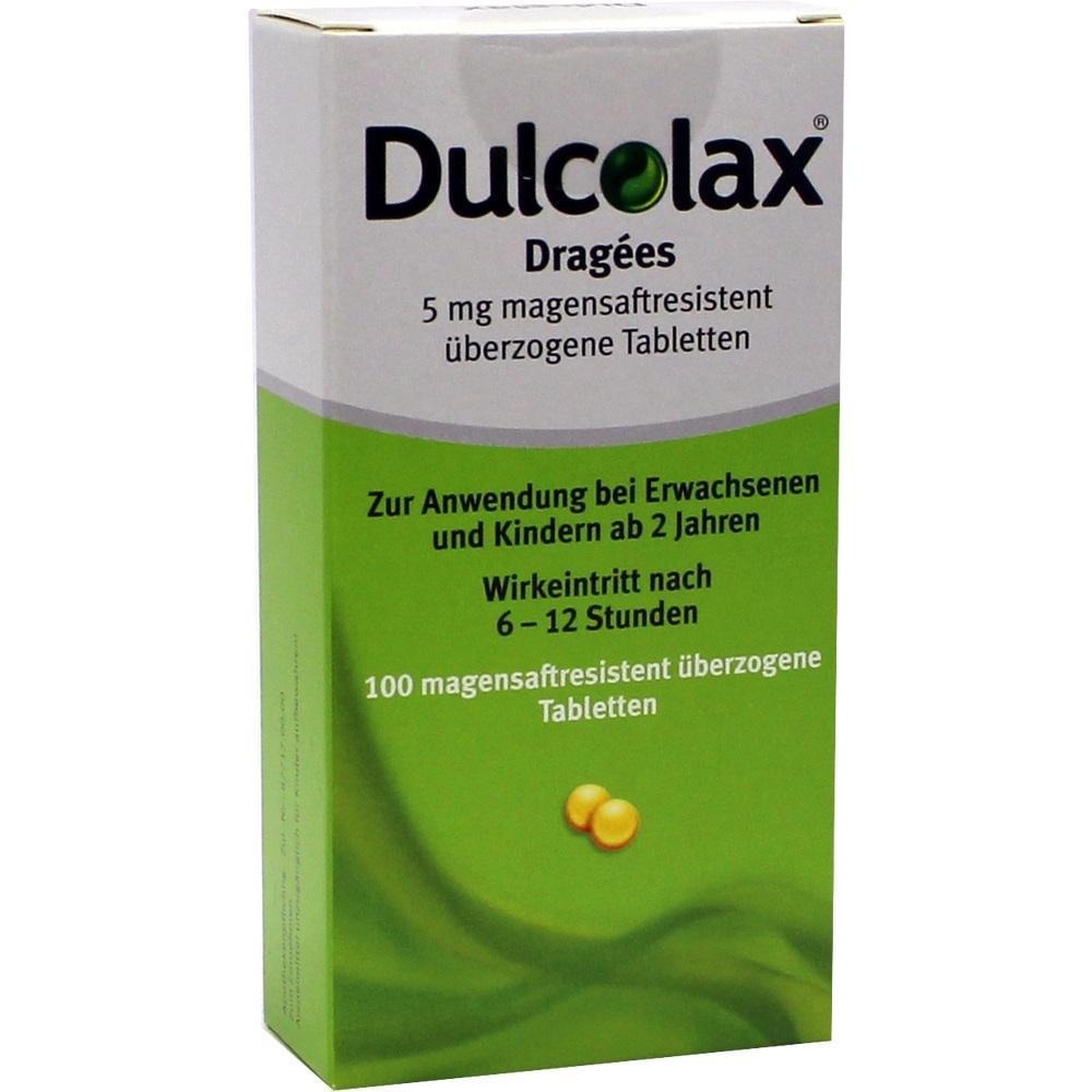 Gr&uuml;ne und wei&szlig;e Packung von Dulcolax-Tabletten f&uuml;r Erwachsene und Kinder ab 2 Jahren.