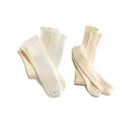 Zwei paar beige Socken liegen nebeneinander auf einem wei&szlig;en Hintergrund.