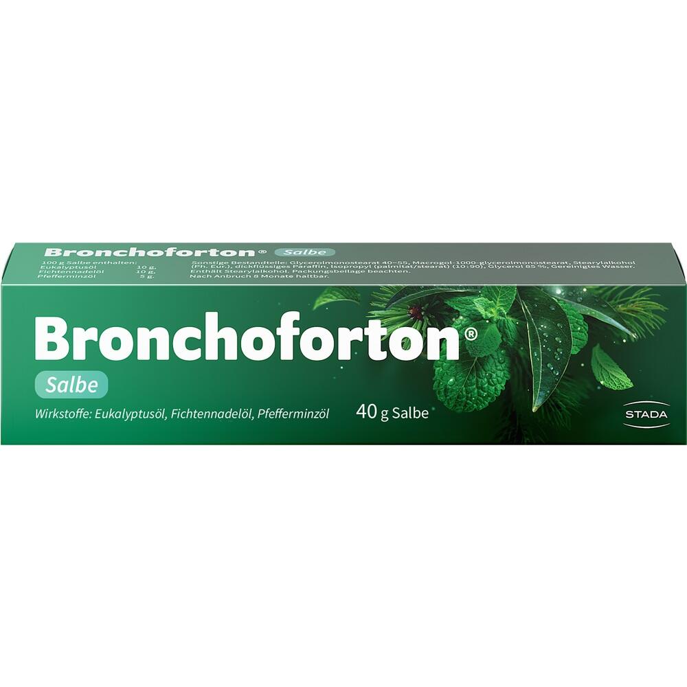 Eine gr&uuml;ne Schachtel mit Bronchoforton-Salbe aus Eukalyptus, Fichtennadel und Pfefferminze.