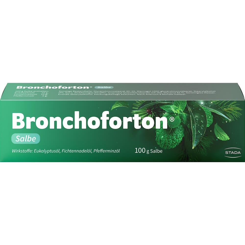 Gr&uuml;ne Verpackung einer Bronchoforton Salbe mit Bl&auml;ttern und 100 g Inhalt.