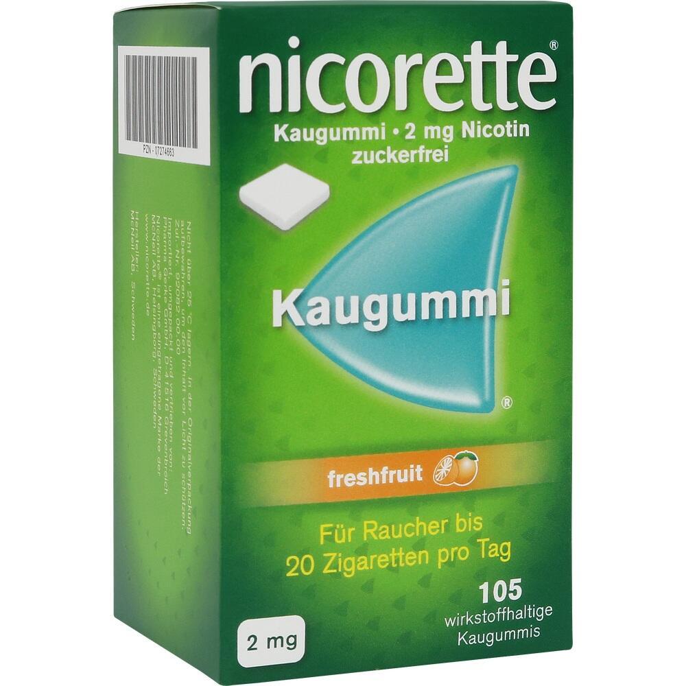 Gr&uuml;ne Verpackung von Nicorette-Kaugummi mit 2 mg Nikotin in Freshfruit-Geschmack.