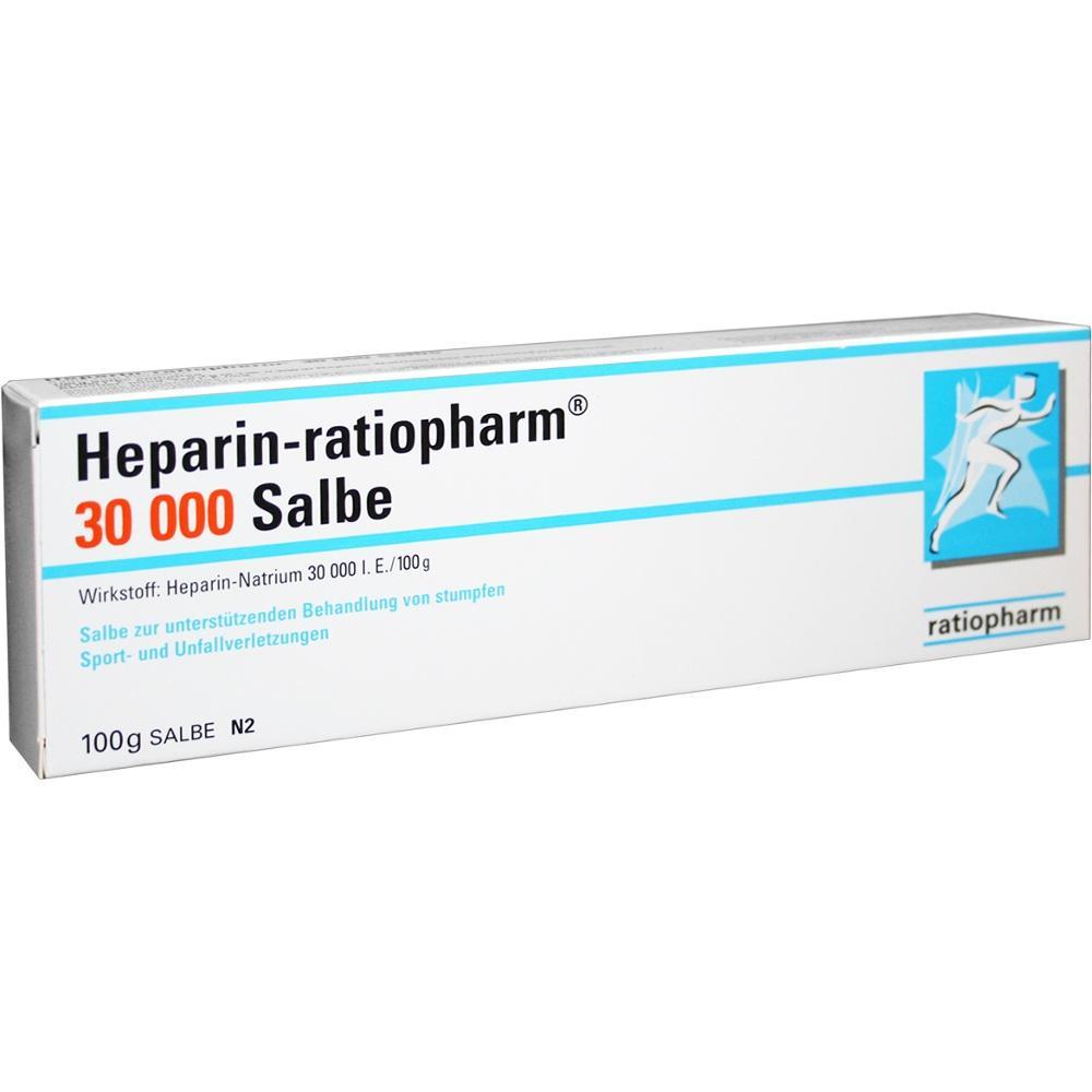 Eine wei&szlig;e Packung der Heparin-ratiopharm Salbe mit blauer Schrift.