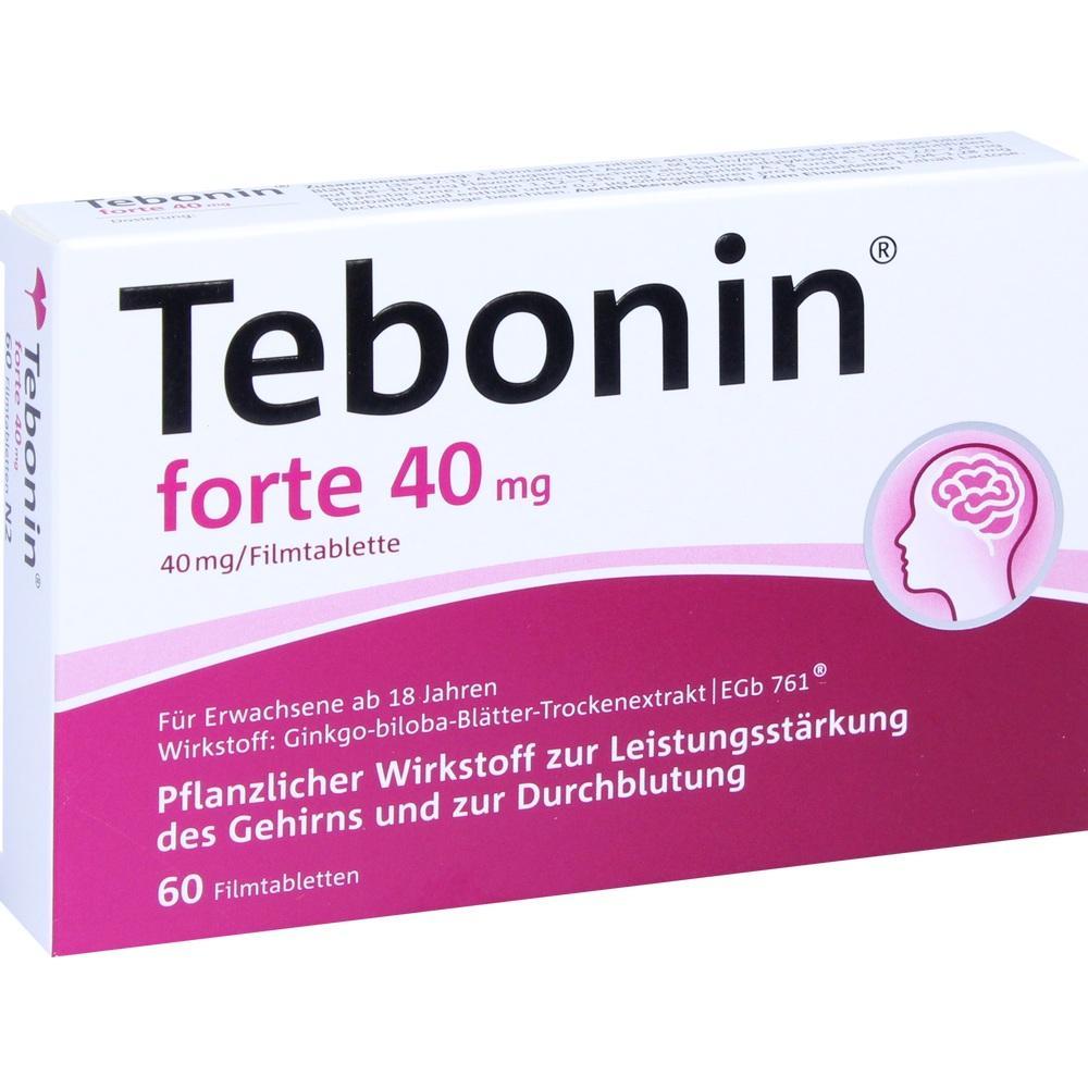 Packung von Tebonin forte 40 mg mit pflanzlichem Wirkstoff f&uuml;r das Gehirn.