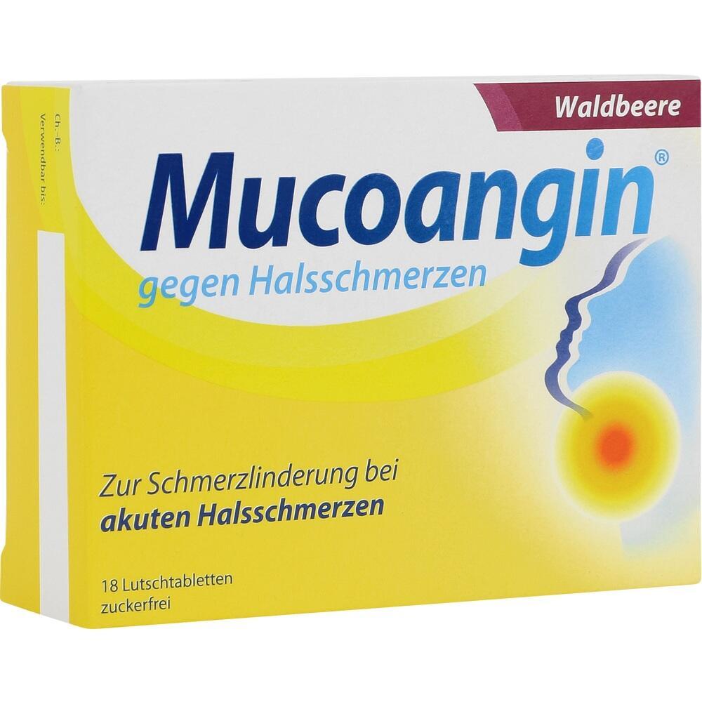 Verpackung von Halsschmerztabletten mit dem Namen "Mucoangin", Geschmacksrichtung Waldbeere.