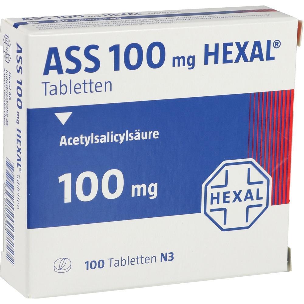 Die Verpackung zeigt ASS 100 mg Tabletten von Hexal.