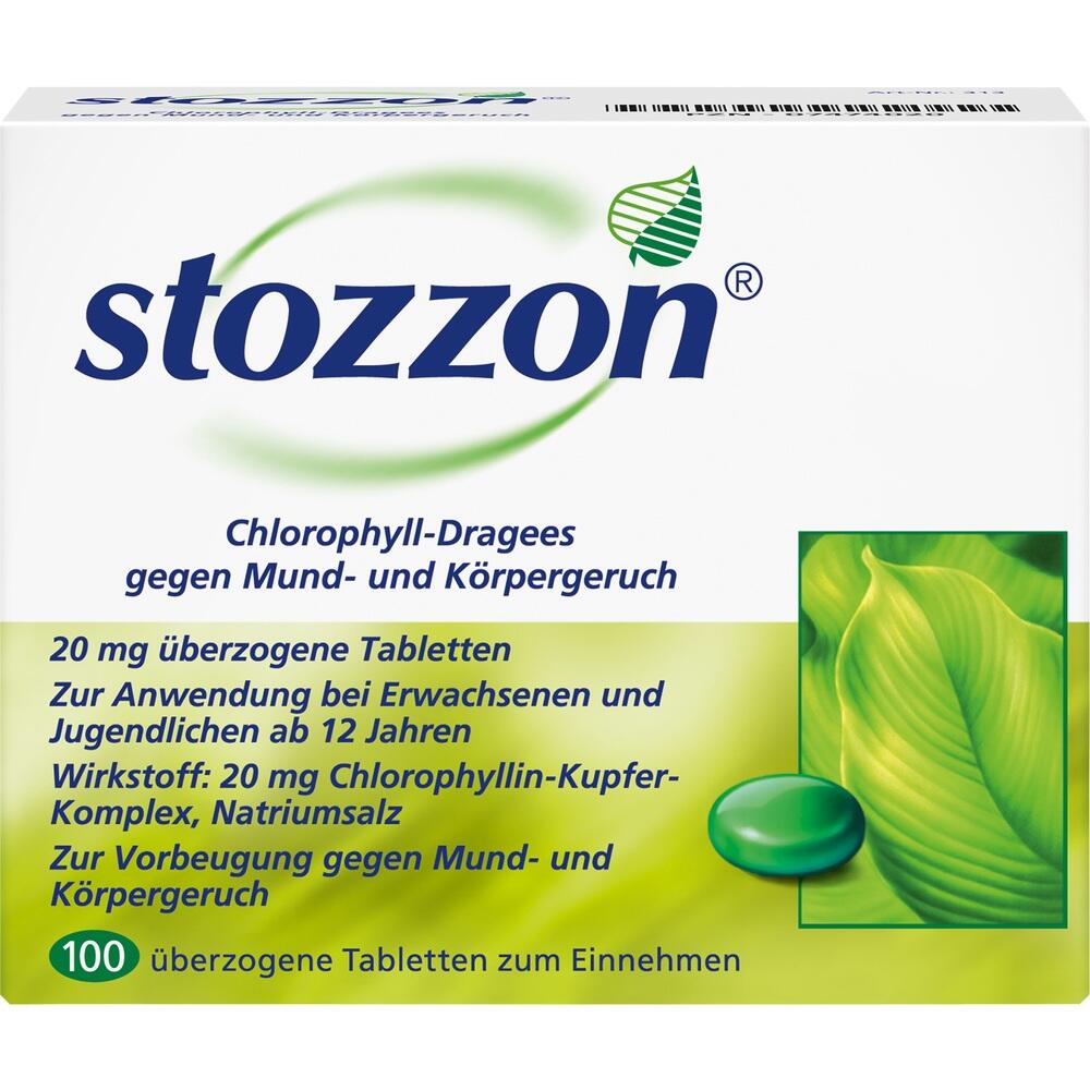 Packung f&uuml;r Tabletten gegen Mund- und K&ouml;rpergeruch mit gr&uuml;nem Blattdesign.