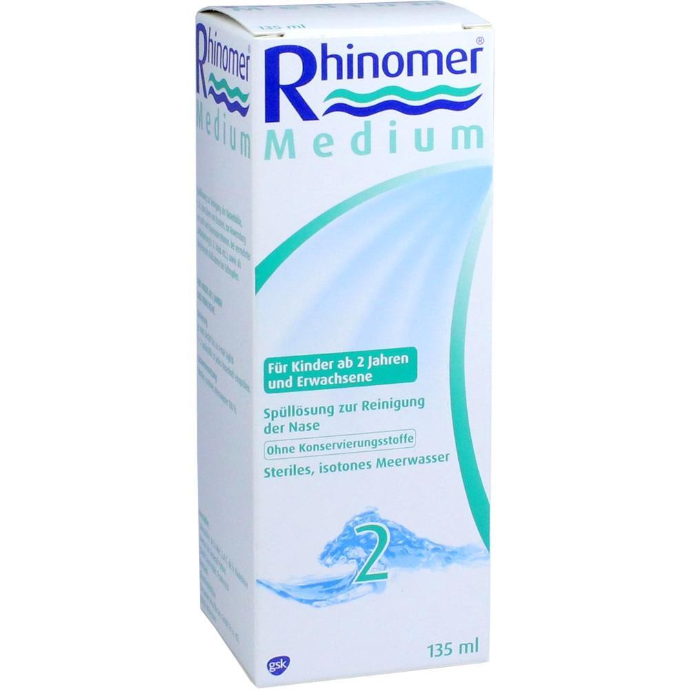 Verpackung von Rhinomer Medium, einer Nasenspüllösung mit Meerwasser für Kinder und Erwachsene.