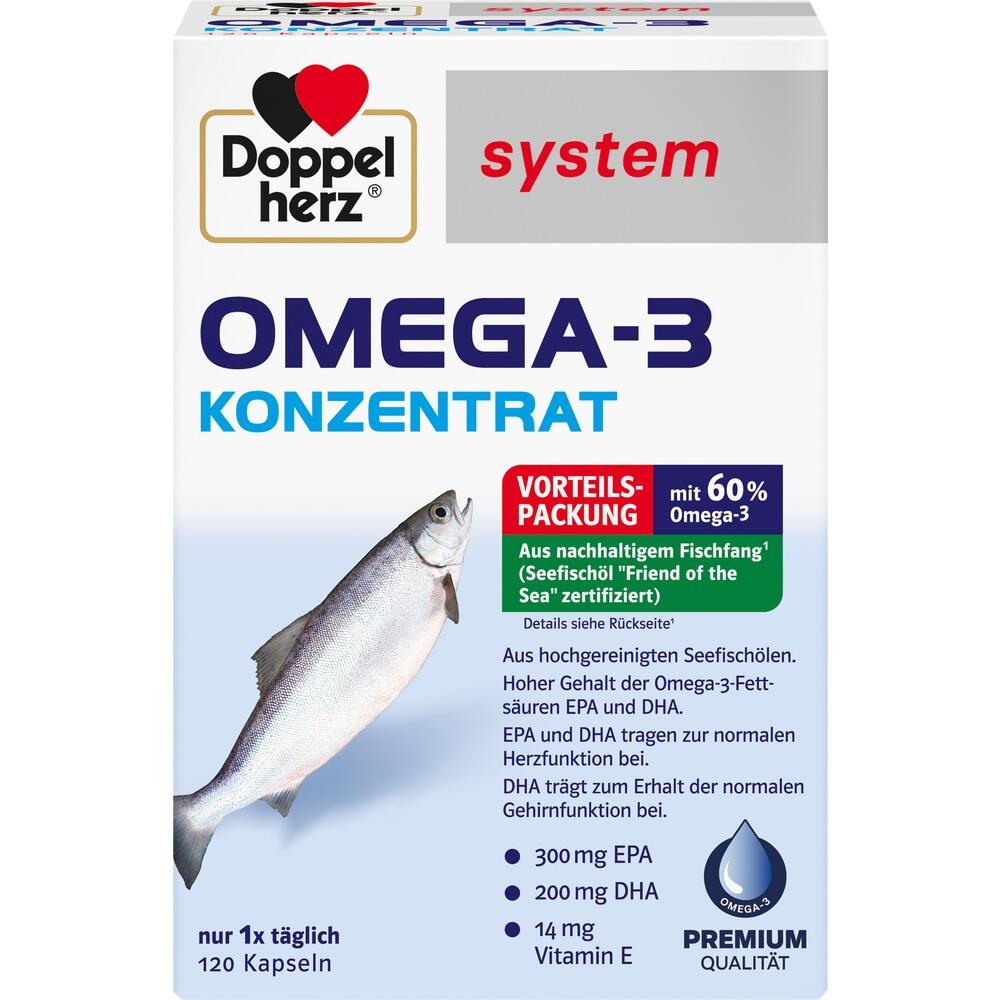 Eine Packung Omega-3-Konzentrats mit Fischabbildung.