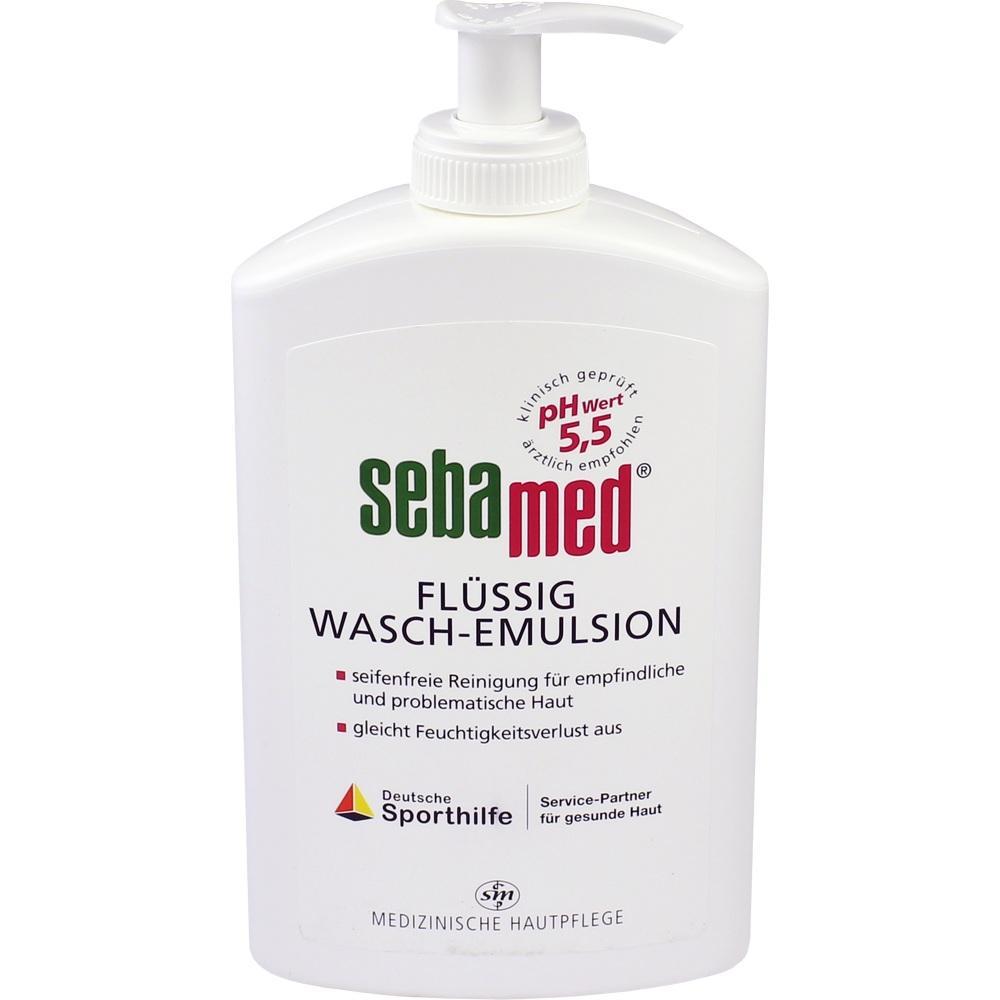 Wei&szlig;e Flasche mit Pumpspender f&uuml;r fl&uuml;ssige Wasch-Emulsion.