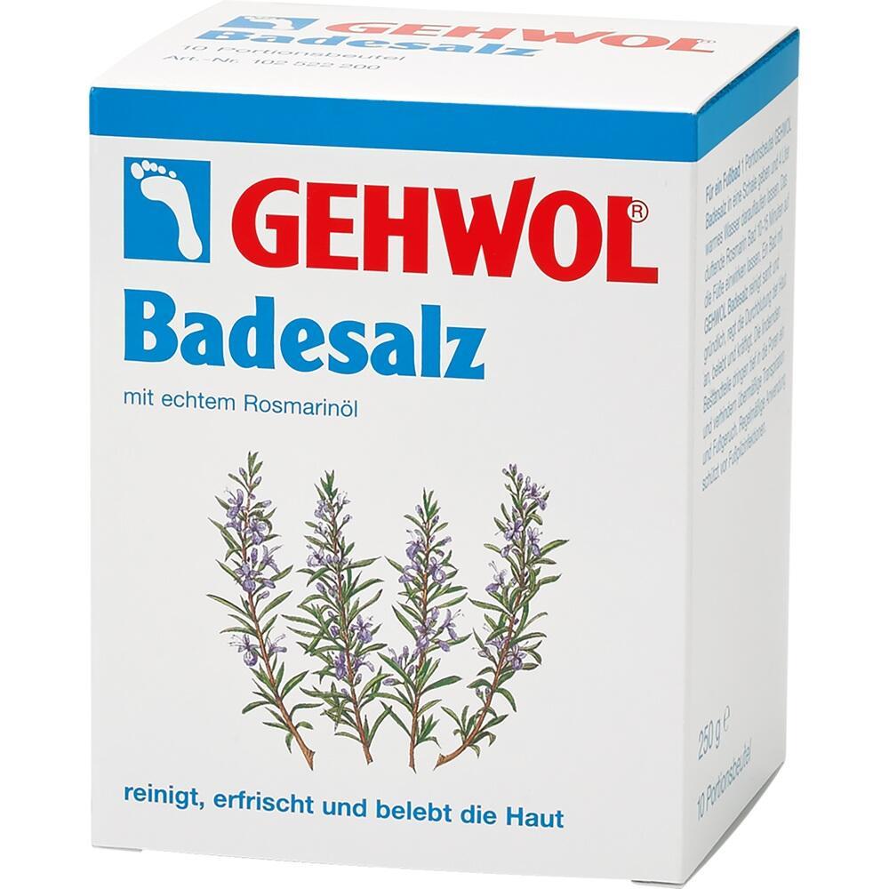 Eine Badesalz-Verpackung mit Rosmarinbl&auml;ttern auf der Vorderseite.