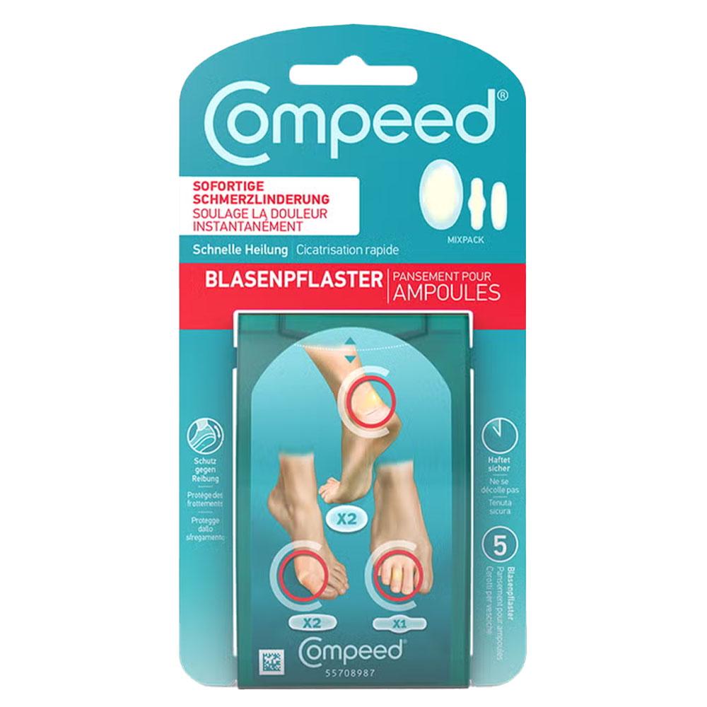 Verpackung f&uuml;r Blasenpflaster von Compeed mit verschiedenen Gr&ouml;&szlig;en.