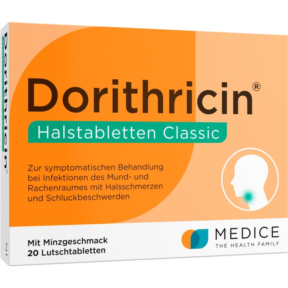 Verpackung von Dorithricin Lutschtabletten gegen Halsschmerzen, orange und gr&uuml;n gestaltet.