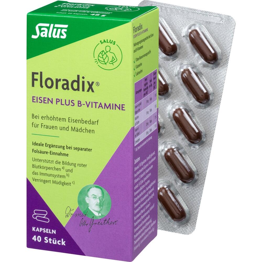 Gr&uuml;ne Packung mit Floradix Eisen- und B-Vitamin-Kapseln, daneben Blisterpackung.