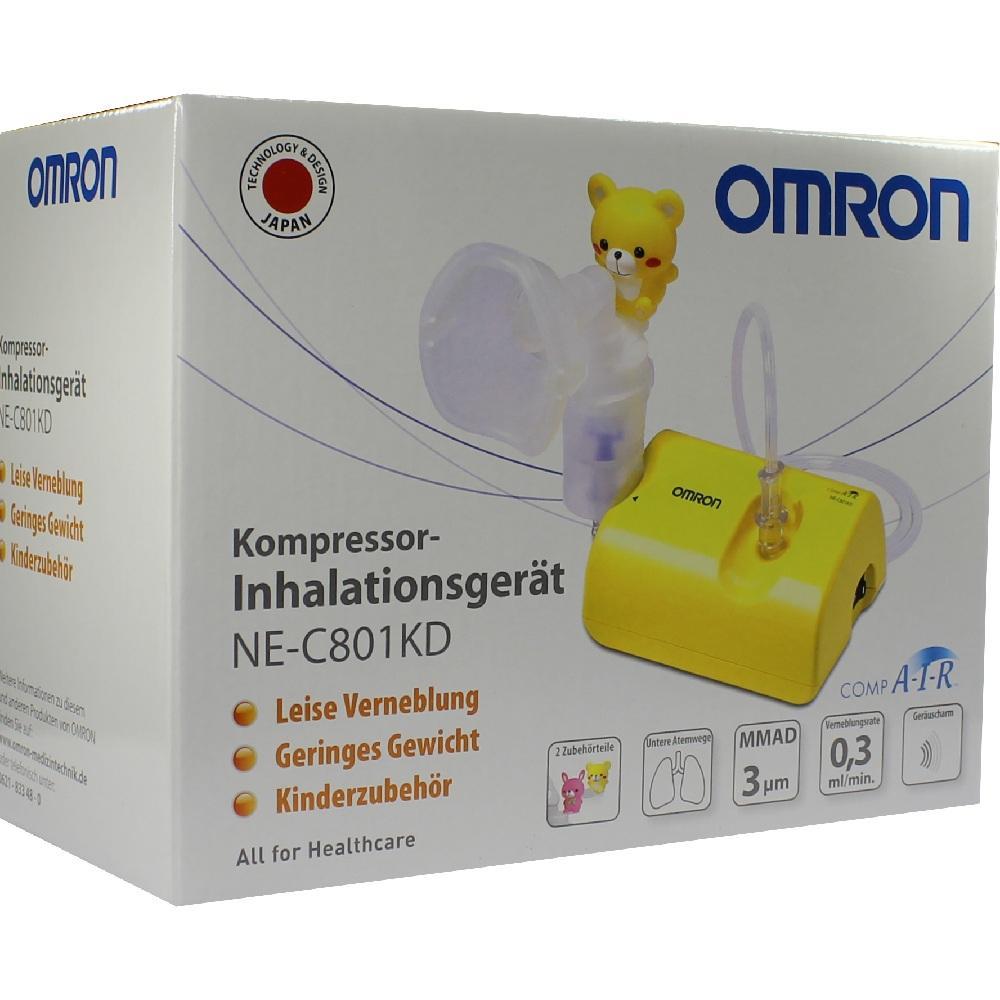 Weiße Kartonverpackung mit gelbem Omron Inhalationsgerät und einem Teddybär für Kinder.
