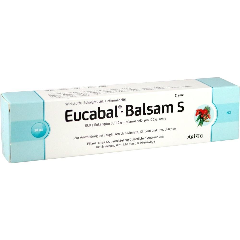 Wei&szlig;e Verpackung von Eucabal-Balsam S mit blauem Rand und rotem Bl&uuml;tenbild.