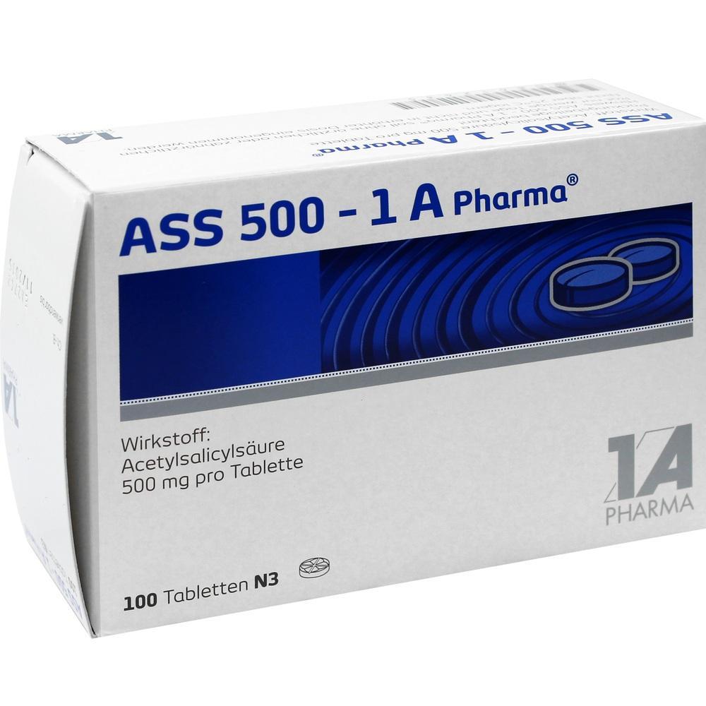 Eine Packung ASS 500-Tabletten von 1 A Pharma mit 100 St&uuml;ck.