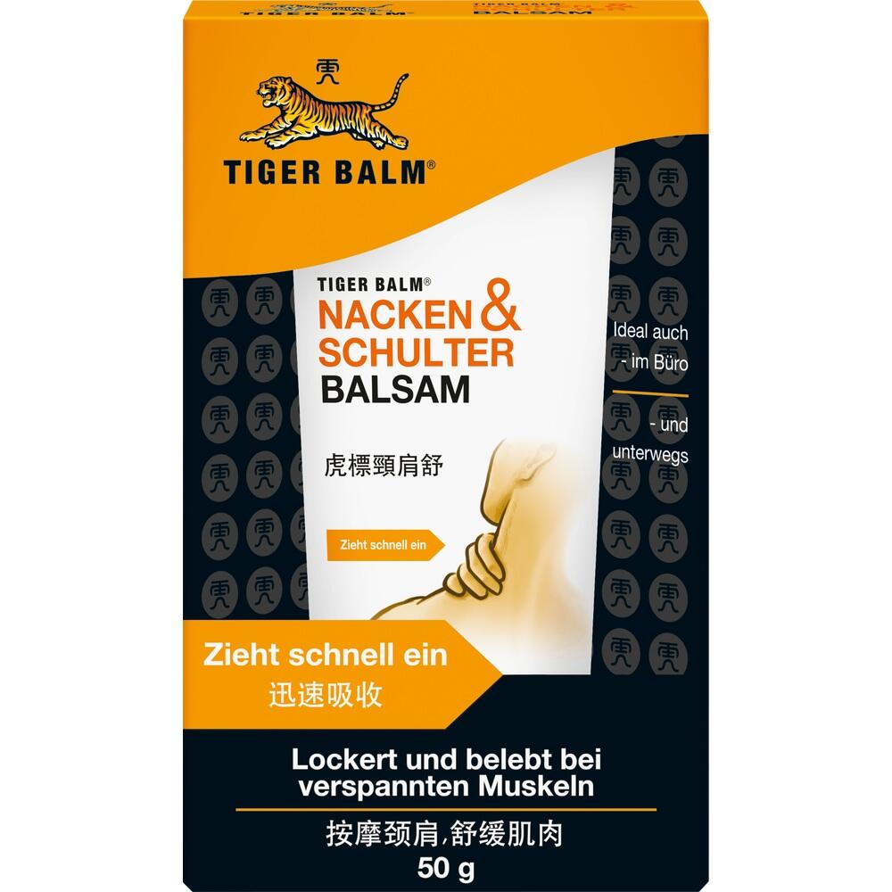 Die Verpackung zeigt Tiger Balm Nacken- und Schulter-Balsam f&uuml;r verspannte Muskeln.