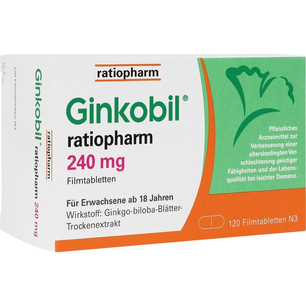 Verpackung von Ginkobil Tabletten mit 240 mg zur Unterst&uuml;tzung kognitiver Funktionen.