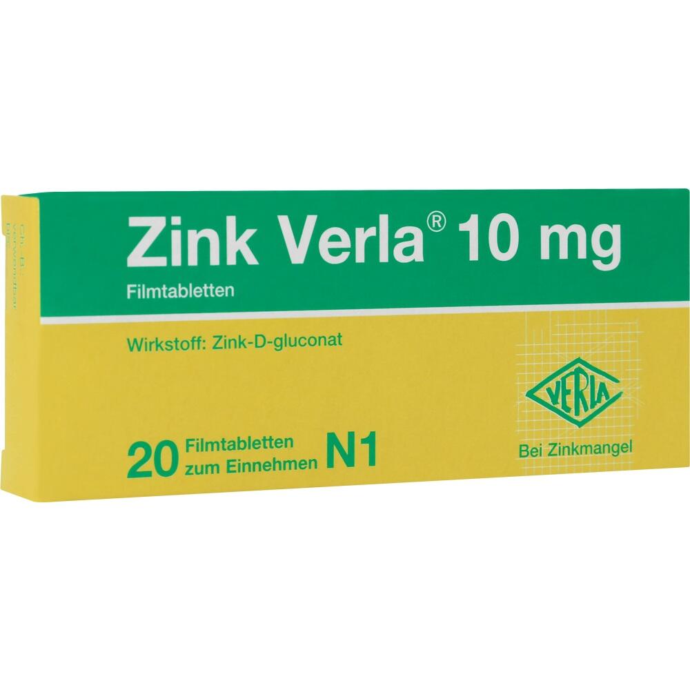 Packung von Zinktabletten in Gr&uuml;n und Gelb mit der Aufschrift "Zink Verla 10 mg".