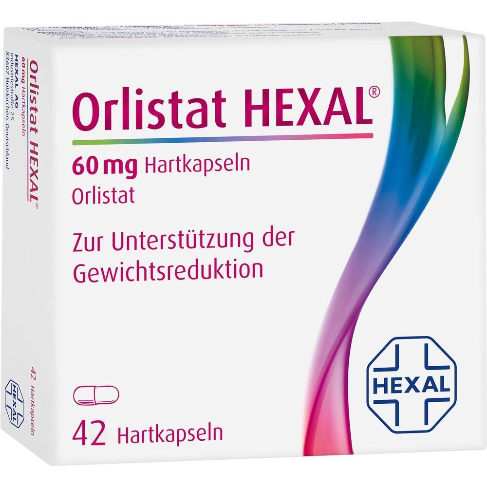Auf der Verpackung steht "Orlistat HEXAL", ein Mittel zur Unterst&uuml;tzung der Gewichtsreduktion.