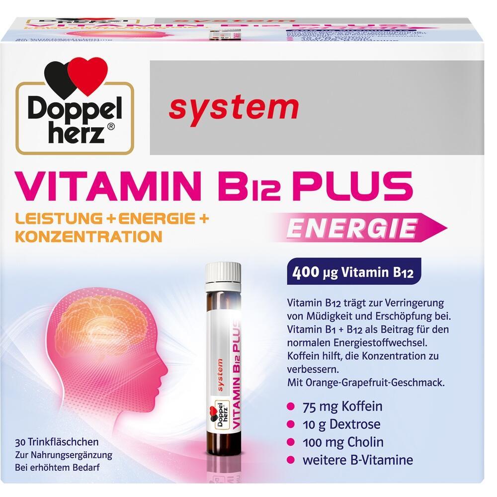 Verpackung von Doppelherz Vitamin B12 Plus mit Energiefokus und Inhaltsstoffen.