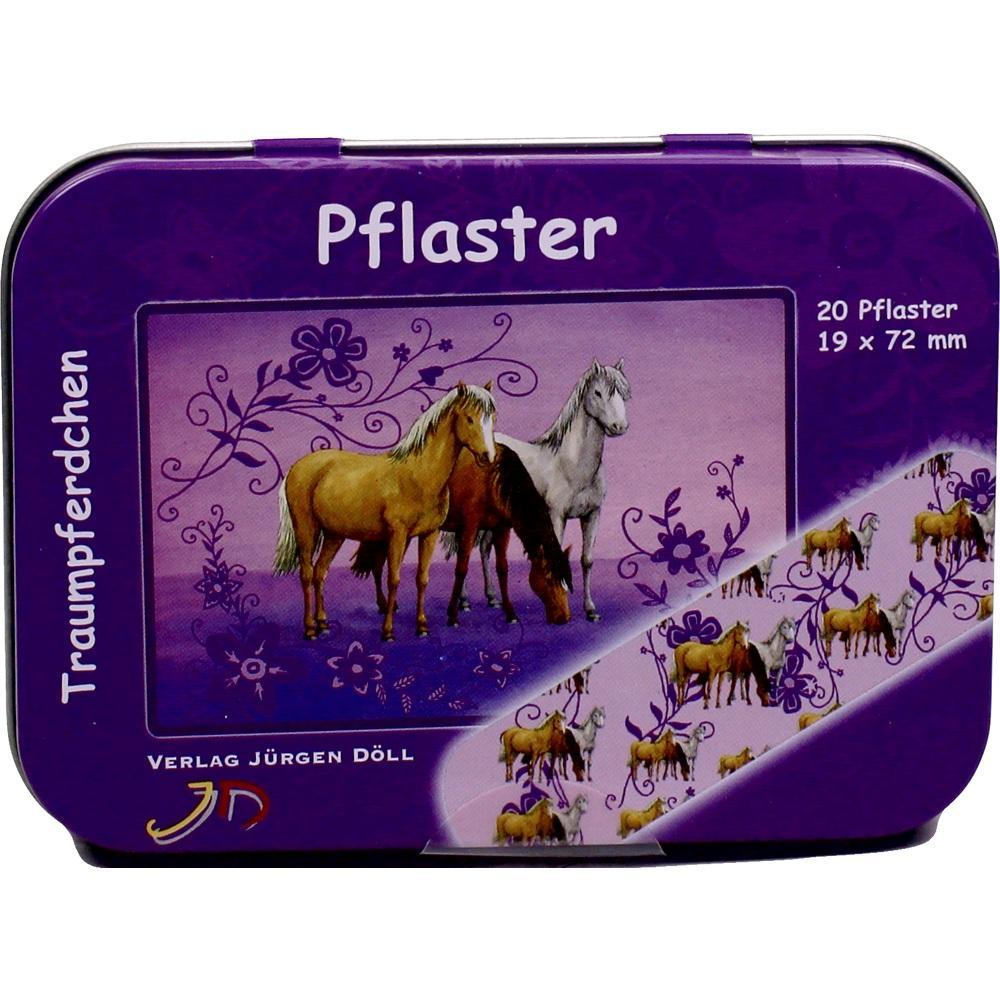 Lila Dose mit Pferdebildern und der Aufschrift "Pflaster" in Wei&szlig;.