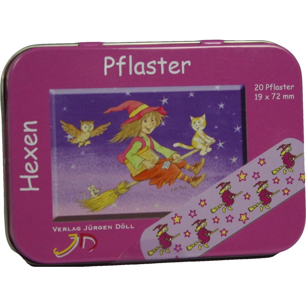 Eine pinke Dose mit einer fliegenden Hexe und Tieren auf dem Deckel.