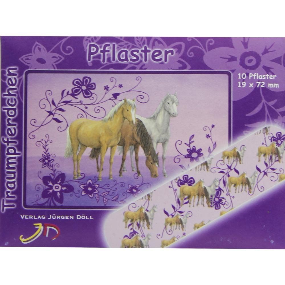 Eine Packung mit Pflastern zeigt drei Pferde und lilafarbene Blumenmuster.