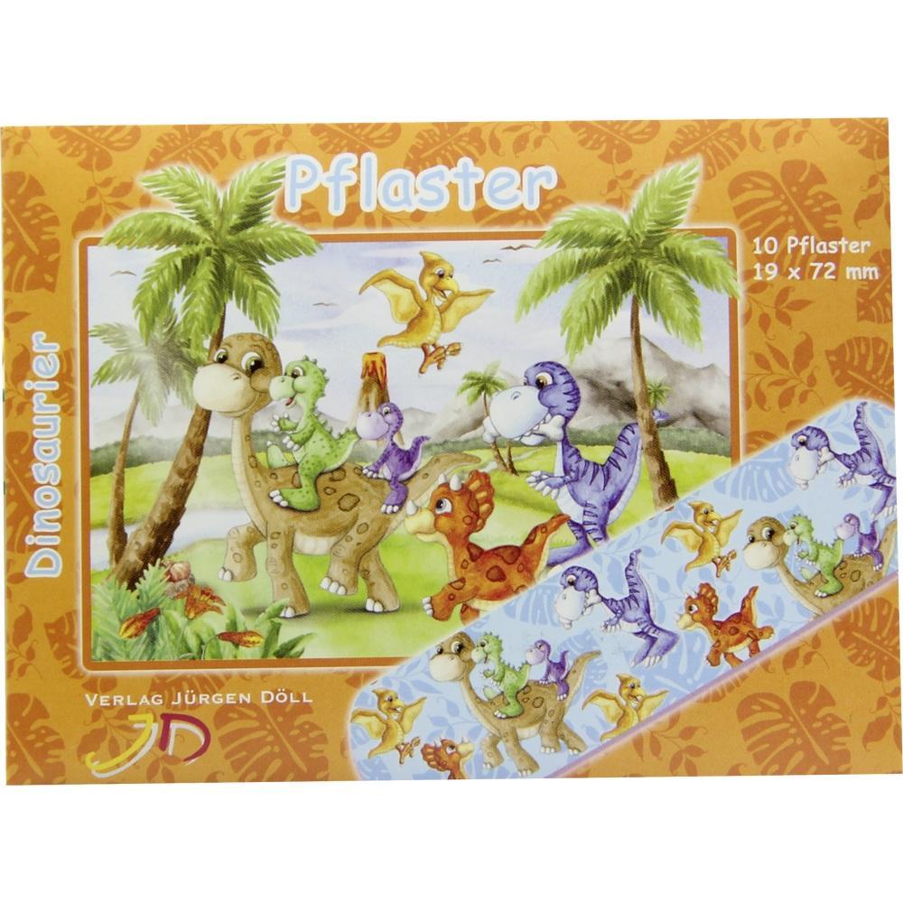 Bunte Pflasterverpackung mit fr&ouml;hlichen Dinosauriern und Palmen.