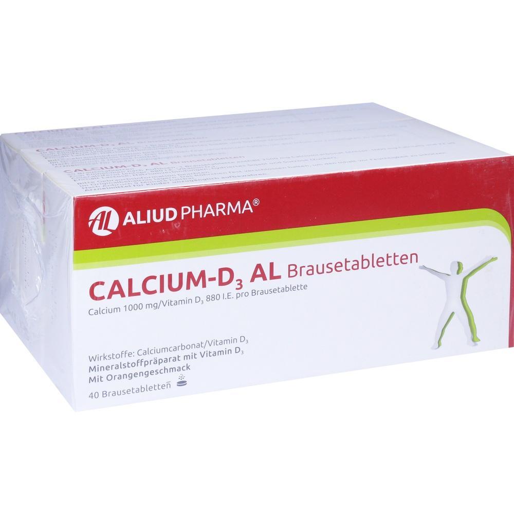 Verpackung von Calcium-D3 AL Brausetabletten mit Orangengeschmack.